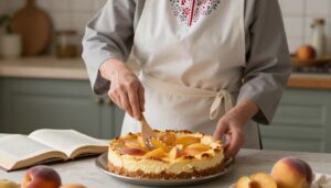Siostra Anastazja w kuchni przygotowująca sernik z brzoskwiniami