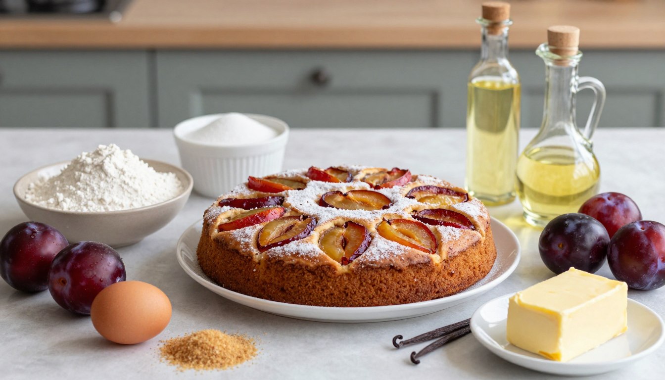 Składniki na ciasto ucierane ze śliwkami siostry Anastazji ułożone na stole kuchennym