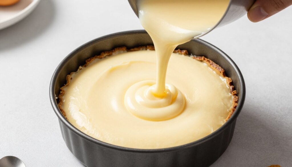 Wylewanie masy serowej na spód z herbatników