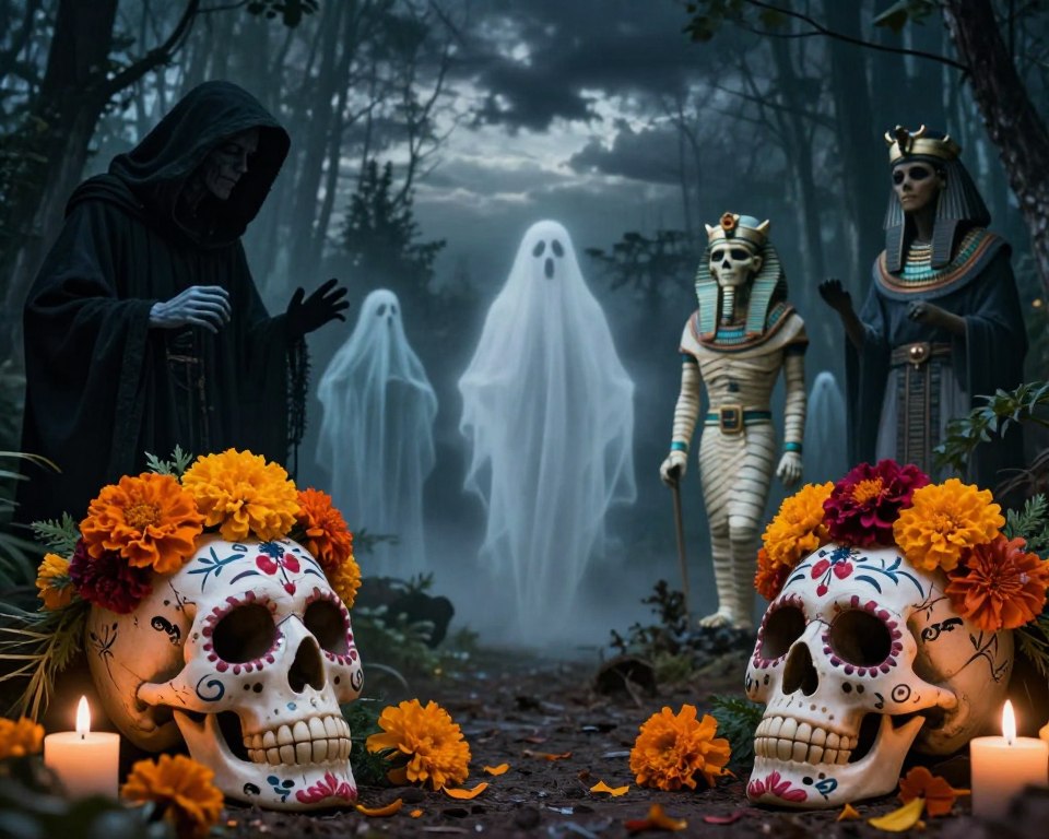 A captivating collage illustrating cultural curiosities about death, featuring symbolic elements from various cultures and media. In the foreground, a traditional Day of the Dead skull adorned with colorful marigolds and candles. In the middle ground, an ethereal forest with ghostly silhouettes representing different cultural depictions of death, such as the Grim Reaper and ancient Egyptian mummies. The background showcases an ominous, twilight sky with dark clouds, creating a haunting yet contemplative atmosphere. The lighting is soft and diffused, enhancing the mystical feel. The composition should be framed with a slight tilt to add dynamism, resembling a cinematic angle. The image conveys a sense of reverence and intrigue, evoking thoughts about death in cultural contexts.