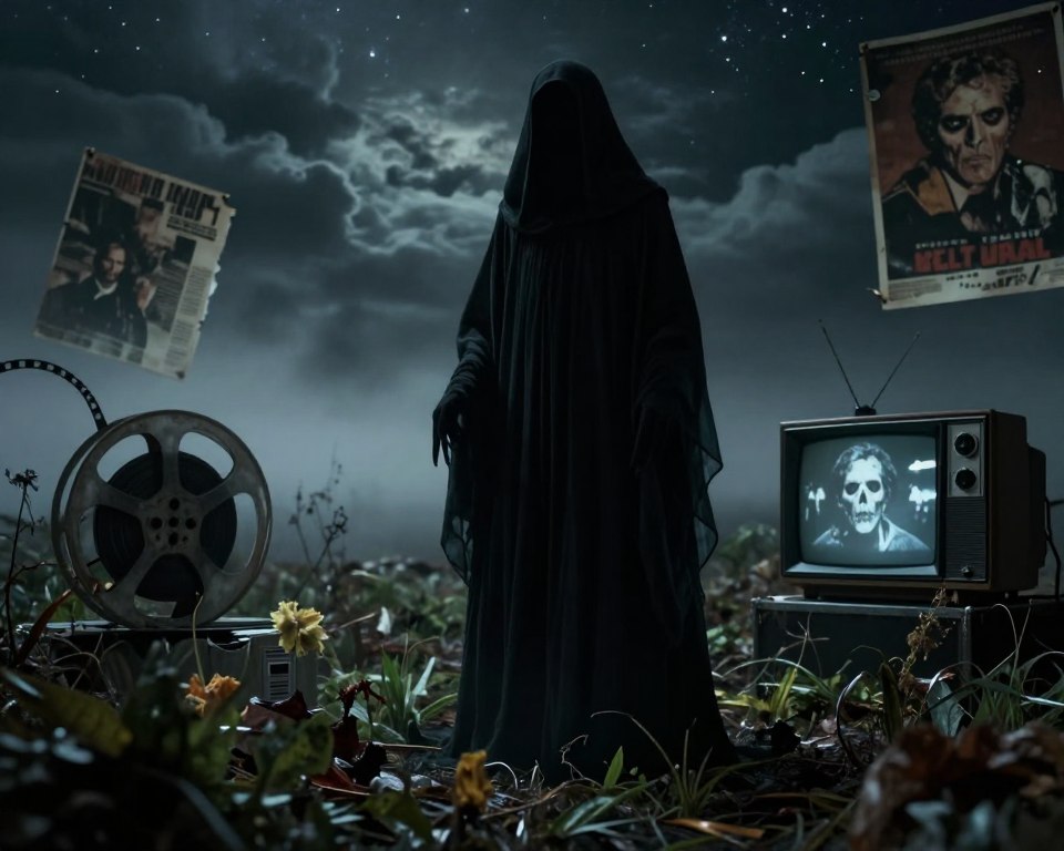 A cinematic depiction of death in popular culture, featuring a shadowy figure representing Death, cloaked in dark, ethereal robes with a haunting yet serene presence. In the foreground, lush, decaying flora symbolizes the inevitability of mortality. The middle ground showcases iconic cinematic elements: a dilapidated film reel, a broken television set, and fragmented movie posters depicting famous death scenes. The background reveals a foggy landscape, merging with a starry night sky filled with swirling clouds, emphasizing a somber, introspective mood. Dramatic chiaroscuro lighting casts deep shadows, enhancing the mystique and gravity of the scene, captured through a slightly tilted, cinematic lens angle to evoke unease. The atmosphere should be both eerie and contemplative, reflecting the complex portrayal of death in films and series.