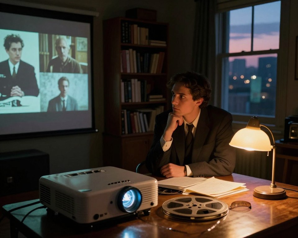 A cinematic, moody analysis of existential films, featuring a dimly lit, intimate film study room. In the foreground, a vintage projector casting scenes of thought-provoking moments from well-known existential films onto a faded screen. Various film reels and notes are scattered on a polished wooden table, illuminated by the warm glow of a desk lamp. In the middle ground, an engaged viewer, dressed in professional attire, leans forward, thoughtfully analyzing the projected scenes. The background displays a bookshelf filled with classic films, philosophical texts, and a window revealing a twilight city skyline, casting a reflective ambiance. Soft shadows enhance the contemplative atmosphere, inviting viewers into the depth of cinematic exploration on death in culture.