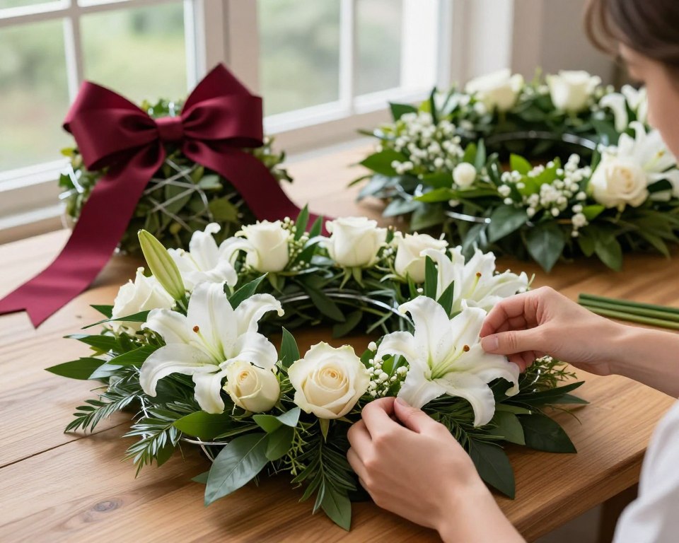 A detailed instructional scene showing the process of creating a funeral wreath and bow. In the foreground, a pair of hands skillfully arranging fresh flowers like white lilies and roses, intertwined with lush greenery, placed on a wooden table. The middle ground features a partially completed wreath structure with wire and floral foam, and a beautifully crafted ribbon bow in deep burgundy, symbolizing remembrance. The background contains soft, natural lighting filtering through a large window, creating a gentle, serene atmosphere. The overall mood is respectful and peaceful, emphasizing the care and artistry involved in this meaningful craft. The image captures the essence of a step-by-step guide, showcasing the floral elements in rich detail, without any text or distractions. A detailed instructional scene showing the process of creating a funeral wreath and bow. In the foreground, a pair of hands skillfully arranging fresh flowers like white lilies and roses, intertwined with lush greenery, placed on a wooden table. The middle ground features a partially completed wreath structure with wire and floral foam, and a beautifully crafted ribbon bow in deep burgundy, symbolizing remembrance. The background contains soft, natural lighting filtering through a large window, creating a gentle, serene atmosphere. The overall mood is respectful and peaceful, emphasizing the care and artistry involved in this meaningful craft. The image captures the essence of a step-by-step guide, showcasing the floral elements in rich detail, without any text or distractions.