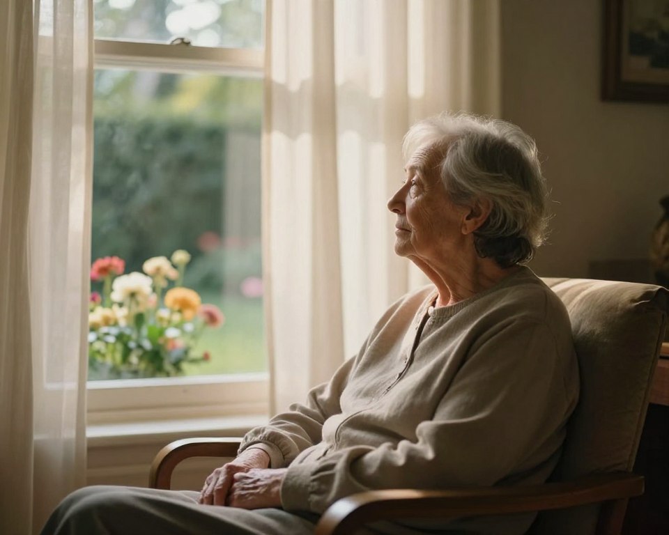 A serene and contemplative scene capturing the psychological aspects of dying. In the foreground, an elderly person dressed in modest, soft-toned clothing sits in a comfortable chair, gazing thoughtfully out of a large window. Their face reflects a blend of peace and introspection. The middle ground features flowing curtains gently rustling in the breeze, allowing soft, warm sunlight to illuminate the room with a golden hue. In the background, a tranquil garden can be seen, filled with blooming flowers and green foliage, symbolizing life and rebirth. The atmosphere is calm and introspective, evoking feelings of acceptance and reflection. The lighting is soft, creating a gentle contrast between light and shadow, enhancing the emotions portrayed in the scene. The image should have a slightly blurred focus to create an ethereal quality, emphasizing the introspective mood.