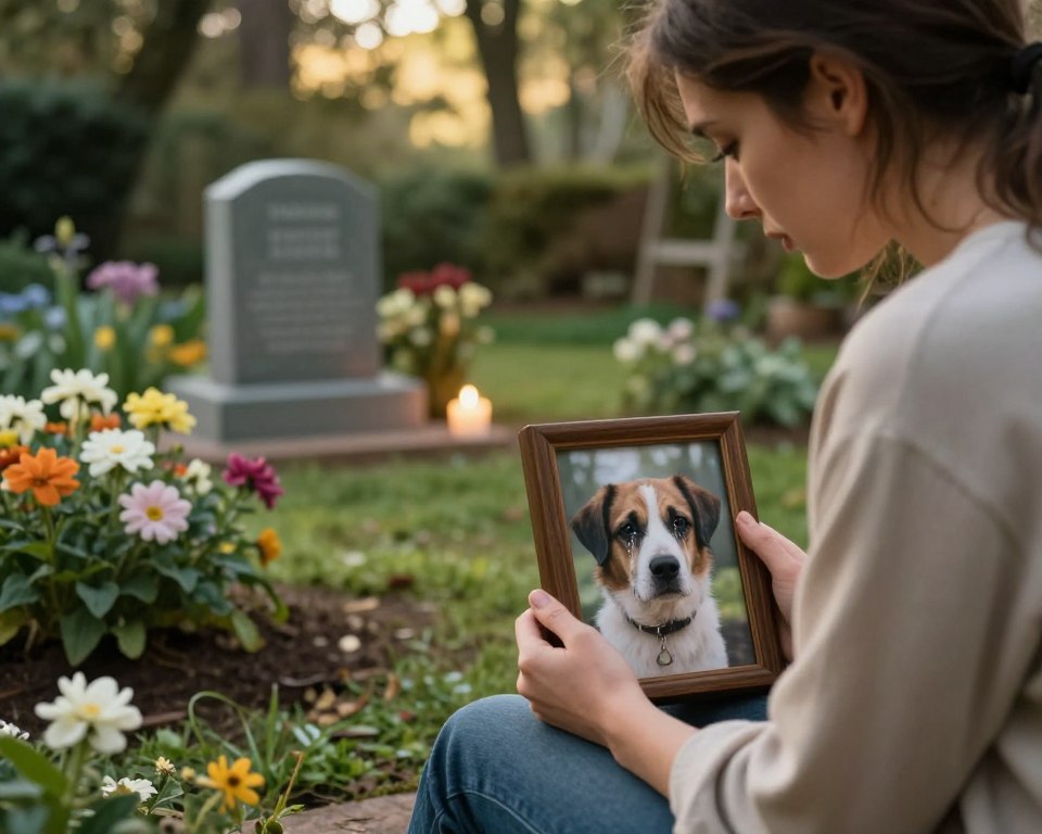 A serene and emotional scene depicting the profound grief of pet loss. In the foreground, a grieving individual, dressed in modest casual clothing, gently holds a framed photo of their beloved pet, with tears in their eyes. The middle ground features a small, quiet garden with blooming flowers, symbolizing life and remembrance, and a soft light filtering through the trees, casting gentle shadows. In the background, a peaceful pet memorial with engraved stones can be seen, surrounded by candlelight, creating an atmosphere of solace and reflection. The lighting is warm and soft, enhancing the mood of sorrow and connection. The composition invites the viewer to feel the depth of loss and the love embedded in cherished memories.