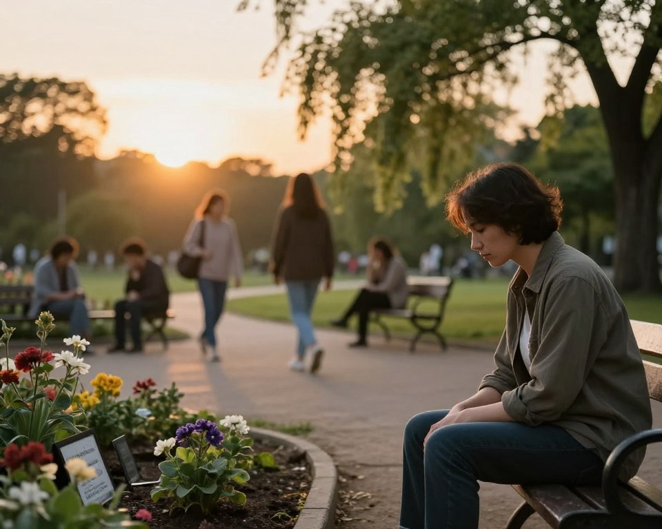 A serene and introspective scene depicting individual experiences of grief. In the foreground, a person in modest, casual clothing sits on a park bench, gazing contemplatively at a small, flowering memorial garden, symbolizing memories. The middle ground features soft, blurred figures of others walking through the park, each lost in their own thoughts, representing diverse perspectives on loss. The background includes gently swaying trees and a warm, golden sunset that casts a soft glow, enhancing the atmosphere of reflection and hope. The lighting should evoke a peaceful mood, with a focus on the individual’s serene expression. The composition is framed using a slightly elevated angle for an inclusive perspective on the grieving journey. A serene and introspective scene depicting individual experiences of grief. In the foreground, a person in modest, casual clothing sits on a park bench, gazing contemplatively at a small, flowering memorial garden, symbolizing memories. The middle ground features soft, blurred figures of others walking through the park, each lost in their own thoughts, representing diverse perspectives on loss. The background includes gently swaying trees and a warm, golden sunset that casts a soft glow, enhancing the atmosphere of reflection and hope. The lighting should evoke a peaceful mood, with a focus on the individual’s serene expression. The composition is framed using a slightly elevated angle for an inclusive perspective on the grieving journey.