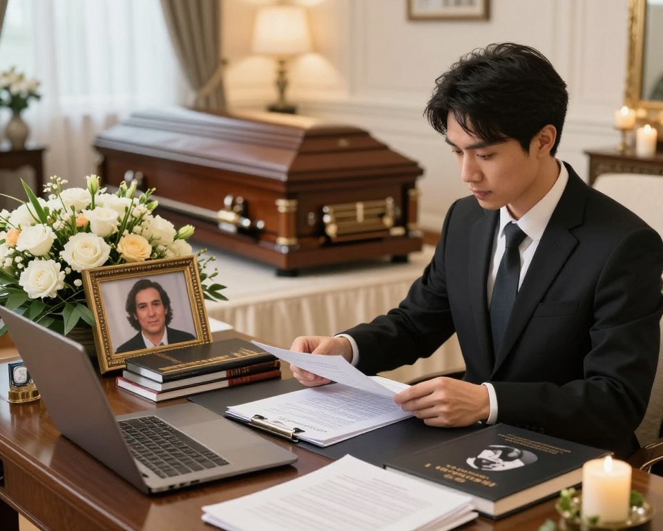 A serene and organized funeral planning scene, showcasing the key stages involved in organizing a funeral. In the foreground, a professional in business attire is reviewing documents at a desk, surrounded by funeral planning books and a laptop. In the middle, a floral arrangement and a photo frame of a loved one evoke emotion and remembrance. The background features a softly lit room with elegant decor, such as a modest casket and candles, creating a tranquil atmosphere. The lighting is warm and inviting, accentuating the caring and respectful nature of the process. The overall mood is one of dignity and support, capturing the importance of each stage in funeral organization.