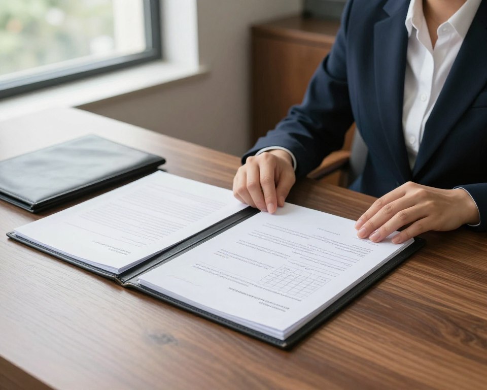 A serene and organized office setting, serving as a backdrop for essential funeral documents. In the foreground, a polished wooden desk displays neatly arranged paperwork, including a formal letter and a checklist of necessary documents for funeral arrangements. A leather-bound folder containing additional paperwork is also present. To the side, a professional individual, dressed in business attire, reviews the documents with a focused expression. The middle ground features a comfortable chair and a peaceful window view, allowing soft natural light to illuminate the scene, enhancing the atmosphere of professionalism and respect. The overall mood is calm and contemplative, capturing the importance of organization in the funeral planning process. The angle is slightly elevated, giving a comprehensive view of the desk while keeping the individual in clear focus.