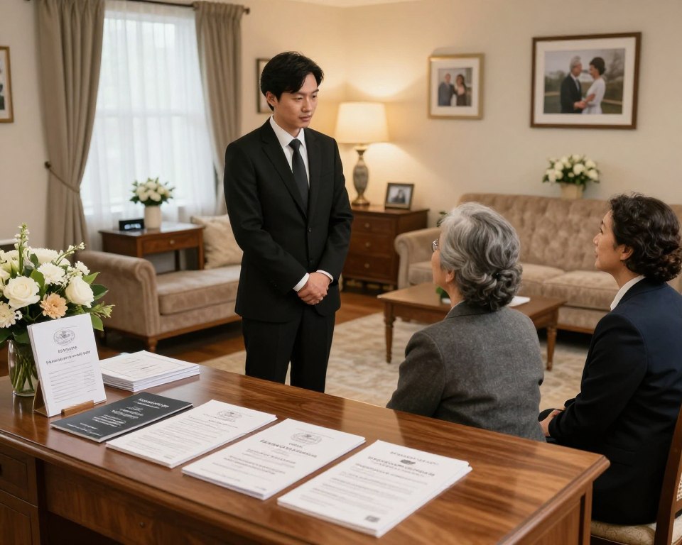 A serene and professional funeral home setting, emphasizing calm and respectful choices. In the foreground, a polished wooden desk with brochures and pamphlets showcasing different funeral services is displayed, accompanied by a tasteful flower arrangement. In the middle ground, an empathetic funeral director, dressed in a formal black suit, attentively consults with a family, who are dressed in modest business attire, engaged in thoughtful conversation. The background features a well-decorated viewing room with soft lighting, elegant furnishings, and framed photographs that evoke fond memories. The atmosphere is tranquil and respectful, capturing the essence of support and guidance during a difficult time. The lighting is warm and inviting, with a focus on the human connection in this sensitive environment, conveyed from a slightly elevated angle to capture the entire scene.