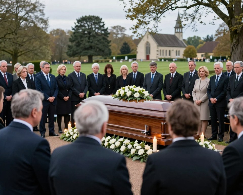 A serene and respectful funeral ceremony setting, focusing on a well-dressed group of attendees in professional business attire, emphasizing appropriate mannerisms. In the foreground, individuals are engaged in quiet conversation, displaying compassion and support. In the middle ground, a polished casket is tastefully adorned with flowers, surrounded by subtle candlelight that casts a warm, soft glow. In the background, a tranquil landscape of gently swaying trees and a distant chapel adds depth to the scene. The lighting is soft and diffused, creating a somber yet respectful atmosphere. The overall mood conveys dignity, reverence, and the importance of savoir-vivre during such a significant occasion. Aim for a balanced composition that invites contemplation and respect.