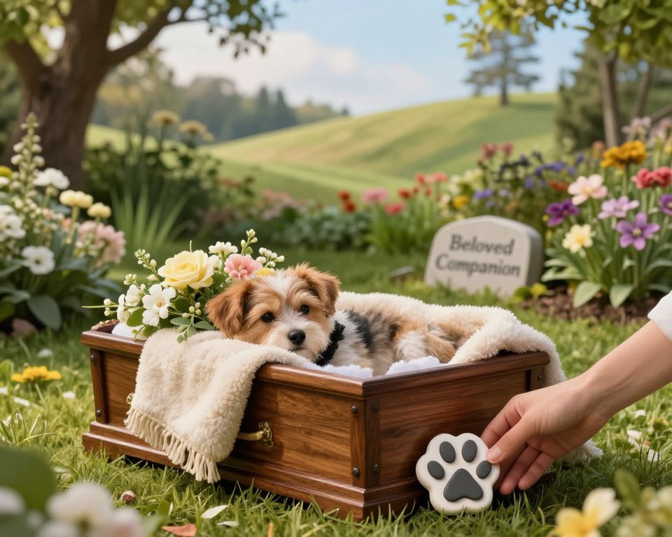 A serene and respectful pet funeral scene, featuring a small dog peacefully laid to rest in a cozy wooden casket, adorned with a soft blanket and flowers. In the foreground, a hand gently places a paw print clay ornament beside the casket, symbolizing love and remembrance. The middle ground includes a lush green garden with blooming flowers and a small stone marker that reads “Beloved Companion.” Soft, warm lighting filters through the trees, creating an atmosphere of tranquility and reflection. In the background, a gentle hill provides a picturesque backdrop, with a few distant trees outlined against a soft blue sky. The scene conveys a sense of closure, love, and the importance of honoring a pet’s life.