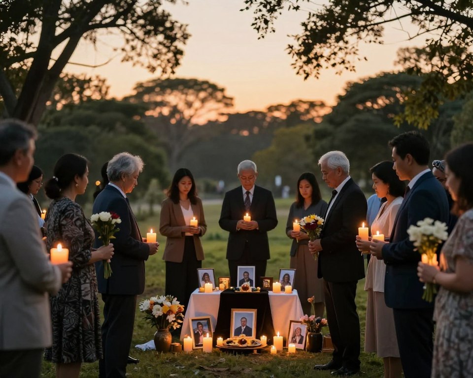 A serene and respectful scene depicting a community gathering in a tranquil environment to honor a lost loved one. In the foreground, a diverse group of people in professional business attire and modest casual clothing are standing together, holding candles and flowers, sharing a moment of reflection. In the middle, a gently illuminated altar adorned with photographs, candles, and symbolic items representing different cultures' mourning practices, such as a black fabric draping and communal offerings. In the background, softly blurred silhouettes of trees under a dusk sky, casting a warm golden light that symbolizes hope amidst sorrow. The atmosphere should convey a sense of unity, compassion, and solemnity, as soft sunlight filters through the trees, creating a serene and respectful ambiance. A serene and respectful scene depicting a community gathering in a tranquil environment to honor a lost loved one. In the foreground, a diverse group of people in professional business attire and modest casual clothing are standing together, holding candles and flowers, sharing a moment of reflection. In the middle, a gently illuminated altar adorned with photographs, candles, and symbolic items representing different cultures' mourning practices, such as a black fabric draping and communal offerings. In the background, softly blurred silhouettes of trees under a dusk sky, casting a warm golden light that symbolizes hope amidst sorrow. The atmosphere should convey a sense of unity, compassion, and solemnity, as soft sunlight filters through the trees, creating a serene and respectful ambiance.
