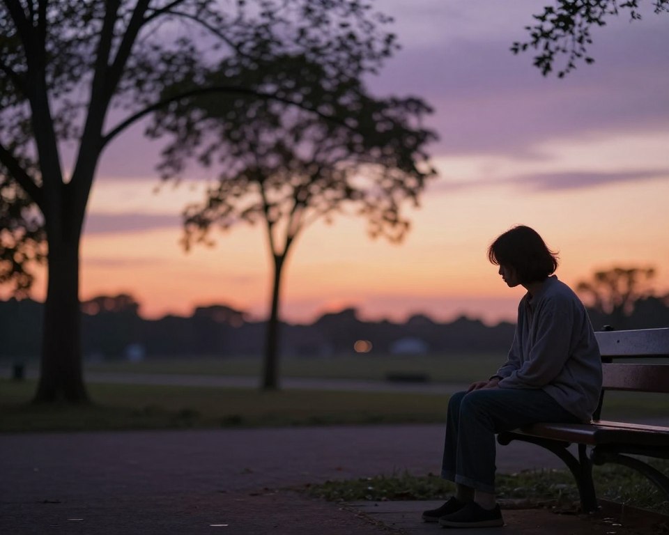 A serene and thoughtful scene representing the psychological aspects of grief. In the foreground, a person dressed in modest casual clothing sits on a bench, gazing thoughtfully at an empty park space, embodying reflection and loss. In the middle ground, gentle shadows of trees sway softly, symbolizing the passage of time and the complexity of emotions. The background features a blurred, soft-focus sunset sky with hues of purple and orange, creating a warm, yet melancholic atmosphere. Use natural, diffused lighting to enhance the tranquil mood, capturing a subtle sense of hope and introspection. The overall composition should evoke a deep emotional connection to the themes of remembrance and healing. A serene and thoughtful scene representing the psychological aspects of grief. In the foreground, a person dressed in modest casual clothing sits on a bench, gazing thoughtfully at an empty park space, embodying reflection and loss. In the middle ground, gentle shadows of trees sway softly, symbolizing the passage of time and the complexity of emotions. The background features a blurred, soft-focus sunset sky with hues of purple and orange, creating a warm, yet melancholic atmosphere. Use natural, diffused lighting to enhance the tranquil mood, capturing a subtle sense of hope and introspection. The overall composition should evoke a deep emotional connection to the themes of remembrance and healing.