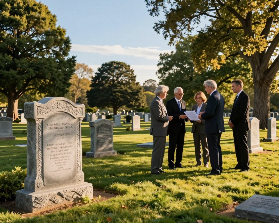 A serene cemetery setting during golden hour, featuring intricately designed gravestones and manicured lawns. In the foreground, a well-maintained gravestone with elegant carvings symbolizes the memories of those laid to rest. In the middle ground, several dignified individuals dressed in professional business attire engage in a discussion, analyzing a document that represents legal precedents related to cemetery regulations. The background showcases lush trees and a clear blue sky, evoking a sense of tranquility. Soft, warm sunlight filters through the leaves, casting gentle shadows, creating an atmosphere of reflection and contemplation. Capture the scene using a wide-angle lens to emphasize the beauty of the cemetery while maintaining focus on the human element. Overall, the mood is solemn yet hopeful. A serene cemetery setting during golden hour, featuring intricately designed gravestones and manicured lawns. In the foreground, a well-maintained gravestone with elegant carvings symbolizes the memories of those laid to rest. In the middle ground, several dignified individuals dressed in professional business attire engage in a discussion, analyzing a document that represents legal precedents related to cemetery regulations. The background showcases lush trees and a clear blue sky, evoking a sense of tranquility. Soft, warm sunlight filters through the leaves, casting gentle shadows, creating an atmosphere of reflection and contemplation. Capture the scene using a wide-angle lens to emphasize the beauty of the cemetery while maintaining focus on the human element. Overall, the mood is solemn yet hopeful.
