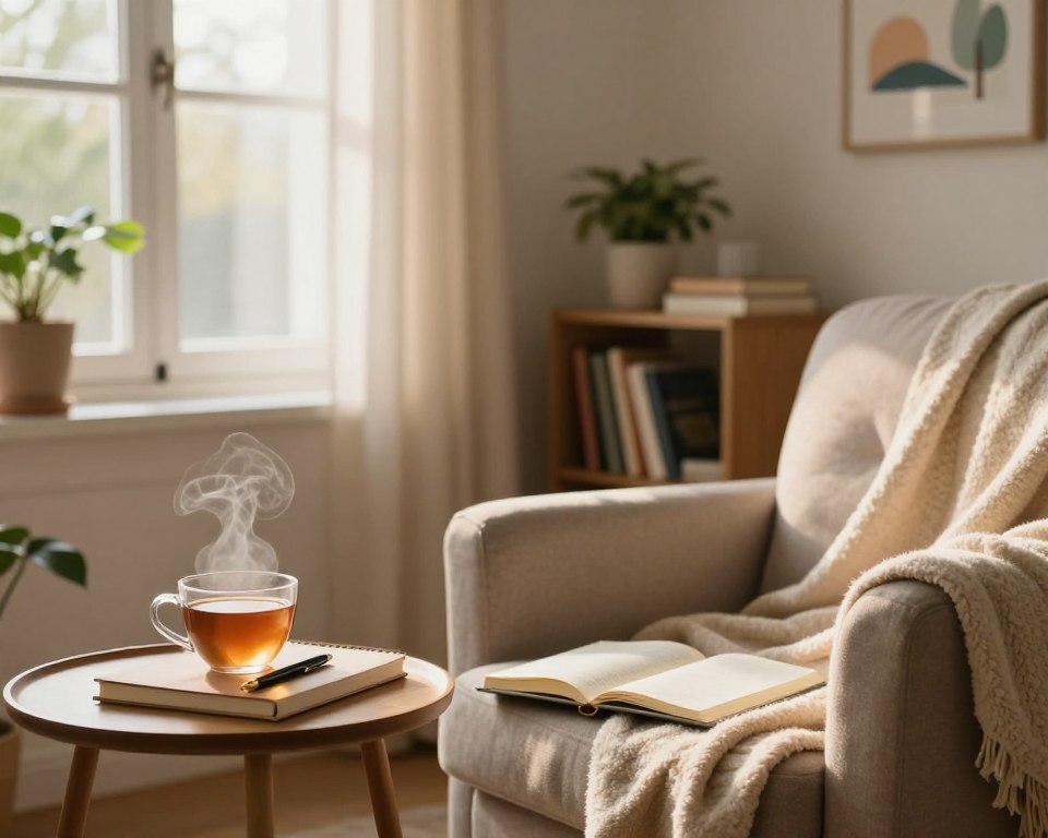 A serene indoor environment representing practical strategies for coping with grief. In the foreground, a warm, inviting space featuring a comfortable armchair with a soft blanket draped over it, alongside a small side table with a steaming cup of tea and a journal with an open pen. In the middle ground, a window allows gentle, diffused sunlight to enter, casting soft shadows and creating a tranquil atmosphere. A small bookshelf filled with self-help books and plants adds a touch of life. In the background, a softly lit wall with calming artwork depicting nature scenes. The mood is peaceful and reflective, encouraging a sense of healing and introspection. The lighting should be soft and warm, emphasizing comfort and solace. A serene indoor environment representing practical strategies for coping with grief. In the foreground, a warm, inviting space featuring a comfortable armchair with a soft blanket draped over it, alongside a small side table with a steaming cup of tea and a journal with an open pen. In the middle ground, a window allows gentle, diffused sunlight to enter, casting soft shadows and creating a tranquil atmosphere. A small bookshelf filled with self-help books and plants adds a touch of life. In the background, a softly lit wall with calming artwork depicting nature scenes. The mood is peaceful and reflective, encouraging a sense of healing and introspection. The lighting should be soft and warm, emphasizing comfort and solace.