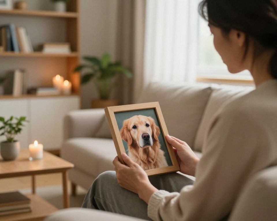 A serene indoor scene depicting emotional support following the loss of a pet. In the foreground, a middle-aged person with soft, compassionate features sits on a comfortable couch, wearing modest casual clothing, gently holding a small framed photo of their beloved pet, a golden retriever, with tears of remembrance in their eyes. In the middle ground, a cozy living room filled with warm light; shelves lined with pet care books, flickering candles, and a potted plant that symbolizes growth and healing. In the background, soft sunlight filters through sheer curtains, creating a calm and peaceful atmosphere. The overall mood is one of solace and hope, capturing the profound sense of loss but also the warmth of loving memories.
