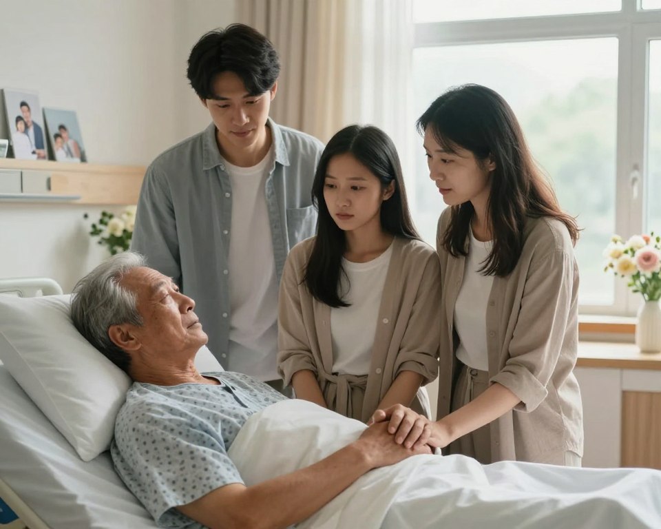 A serene, intimate scene portraying a family gathered around a loved one in their final moments of life. In the foreground, a middle-aged woman gently holds the hand of an elderly man lying in a hospital bed, their expressions filled with love and compassion. Standing close by, a young adult couple, dressed in modest casual clothing, looks on with a mix of sadness and support. In the background, soft natural light filters through a window, casting a warm glow that enhances the emotional ambiance. The room is simply decorated, with personal touches like family photographs and fresh flowers, symbolizing love and connection. The atmosphere is peaceful, conveying a sense of comfort and unity in difficult times.