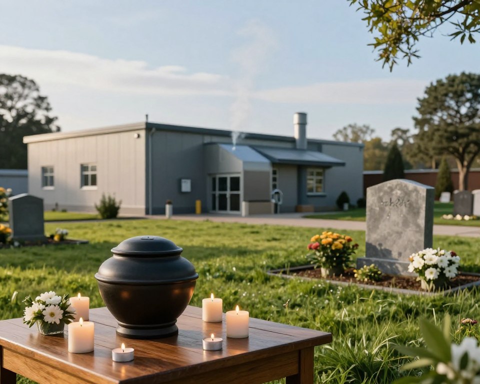 A serene outdoor scene depicting a peaceful contrast between cremation and traditional burial. In the foreground, a dignified cremation urn sits on a wooden table, surrounded by soft, flickering candles and delicate flowers, symbolizing remembrance. In the middle, a modern crematory facility can be subtly seen, with gentle smoke rising against a soft blue sky. To the side, a traditional graveyard features a simple, elegant headstone surrounded by lush green grass and blooming flowers. The lighting is warm and inviting, casting soft shadows to create a tranquil atmosphere. The composition should evoke a sense of calm reflection on the choices of honoring loved ones, using a wide-angle perspective to encompass both practices harmoniously.
