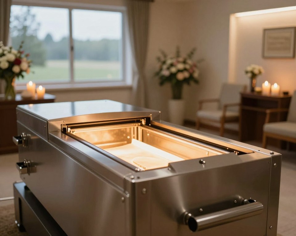 A serene, professional cremation setting, focusing on the cremation chamber prominently in the foreground. The chamber is metallic and modern, with glowing elements, conveying both dignity and respect. In the middle ground, a solemn yet calm environment with a peaceful room adorned with soft lighting, candles, and flowers, creating a tranquil atmosphere. The background features a window revealing a gentle natural landscape, symbolizing renewal. Soft rays of light filter in, casting a warm glow throughout the space. The overall mood is respectful and contemplative. No human figures are present, allowing the focus to remain on the process and environment. The angle captures the depth of the setting, emphasizing both the cremation chamber and the serene surroundings.