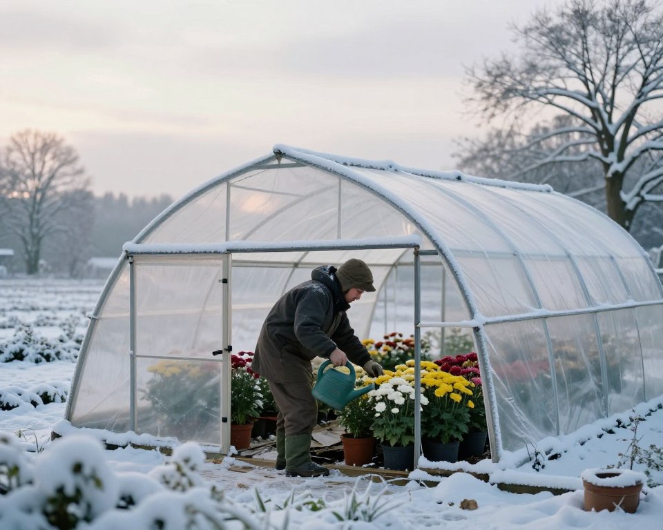 A serene winter scene depicting the care of a polytunnel. In the foreground, a gardener in practical winter attire carefully tends to chrysanthums inside the tunnel, using a watering can. The middle ground features a lightly frosted polytunnel, showcasing its clear plastic structure, with snow gently resting on the roof. Surrounding the tunnel, snow-covered fields stretch out, with a soft light filtering through the overcast sky, illuminating the scene with a cool, tranquil atmosphere. The background includes a few bare trees, their branches dusted with snow. The overall mood is peaceful and focused, highlighting the importance of winter plant care. The image has a soft focus, with a shallow depth of field on the foreground elements to emphasize the gardener's meticulous work. A serene winter scene depicting the care of a polytunnel. In the foreground, a gardener in practical winter attire carefully tends to chrysanthums inside the tunnel, using a watering can. The middle ground features a lightly frosted polytunnel, showcasing its clear plastic structure, with snow gently resting on the roof. Surrounding the tunnel, snow-covered fields stretch out, with a soft light filtering through the overcast sky, illuminating the scene with a cool, tranquil atmosphere. The background includes a few bare trees, their branches dusted with snow. The overall mood is peaceful and focused, highlighting the importance of winter plant care. The image has a soft focus, with a shallow depth of field on the foreground elements to emphasize the gardener's meticulous work.
