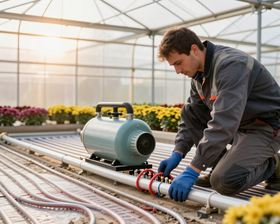 A skilled technician is seen preparing a heating system for a greenhouse, specifically a chrysanthumum tunnel. In the foreground, the technician, dressed in professional attire with safety gear, is inspecting a series of pipes and heating elements. The middle ground showcases the assembled components of the heating system, including a central boiler and radiant heating tubes laid out on the floor. In the background, the transparent plastic structure of the greenhouse is visible, with sunlight streaming through, casting warm tones across the scene. The atmosphere is industrious and knowledgeable, emphasizing meticulous setup and attention to detail. Soft, natural lighting enhances the colors of the equipment while creating a positive, hopeful mood for plant growth. A skilled technician is seen preparing a heating system for a greenhouse, specifically a chrysanthumum tunnel. In the foreground, the technician, dressed in professional attire with safety gear, is inspecting a series of pipes and heating elements. The middle ground showcases the assembled components of the heating system, including a central boiler and radiant heating tubes laid out on the floor. In the background, the transparent plastic structure of the greenhouse is visible, with sunlight streaming through, casting warm tones across the scene. The atmosphere is industrious and knowledgeable, emphasizing meticulous setup and attention to detail. Soft, natural lighting enhances the colors of the equipment while creating a positive, hopeful mood for plant growth.