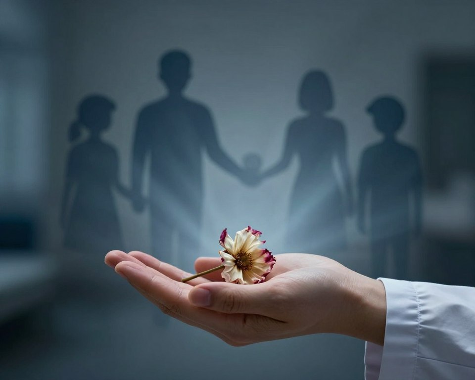 A solemn and emotive representation of cancer stages, illustrating the complex journey of illness and mortality. In the foreground, a gentle hand holds a withered flower, symbolizing fragility and loss, adorned in a simple yet elegant professional sleeve. The middle ground features soft silhouettes of abstract figures representing caregivers and patients, offering an aura of unity and support amidst the struggle. The background is softly blurred with hues of deep blues and grays, evoking a somber yet reflective atmosphere. Subtle beams of ethereal light filter through, highlighting the human experience of facing terminal illness. The composition should be intimate and contemplative, focusing on the emotional depth of the subject without any text or distractions.