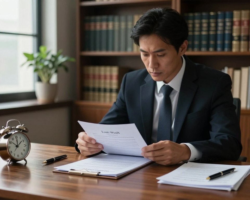 A somber yet professional office environment focusing on the theme of inheritance law. In the foreground, a polished wooden desk with legal documents, a fountain pen, and a small clock, symbolizing the passing of time and legal deadlines. In the middle, a business professional in formal attire is reviewing a last will and testament, with a contemplative expression. Behind them, shelves filled with legal books and a styled plant add depth. Soft, natural lighting filtering through a window creates a serene atmosphere, while a slightly blurred background emphasizes the subject's focus. The overall mood is reflective, highlighting the challenges of navigating legal formalities after loss. A somber yet professional office environment focusing on the theme of inheritance law. In the foreground, a polished wooden desk with legal documents, a fountain pen, and a small clock, symbolizing the passing of time and legal deadlines. In the middle, a business professional in formal attire is reviewing a last will and testament, with a contemplative expression. Behind them, shelves filled with legal books and a styled plant add depth. Soft, natural lighting filtering through a window creates a serene atmosphere, while a slightly blurred background emphasizes the subject's focus. The overall mood is reflective, highlighting the challenges of navigating legal formalities after loss.