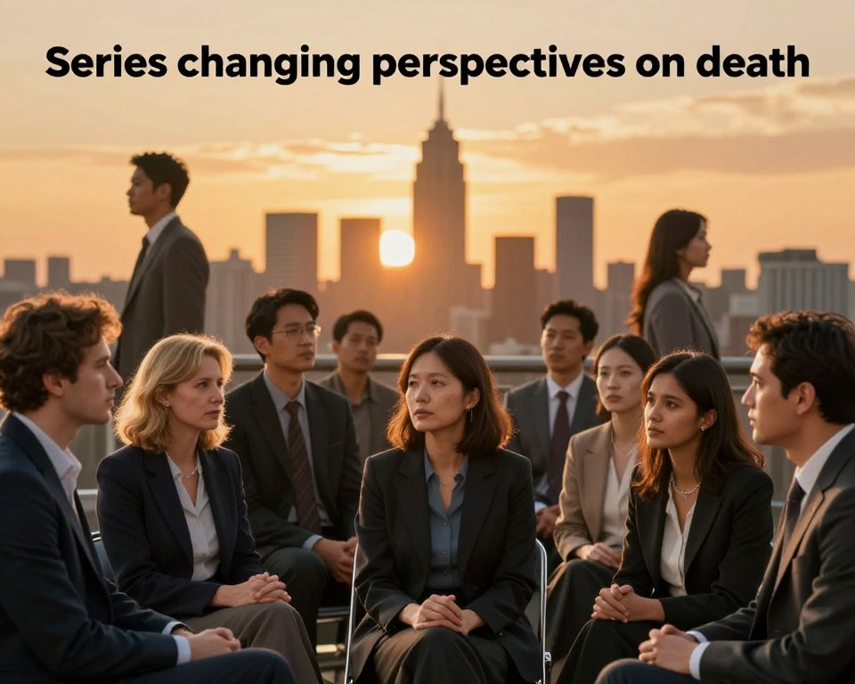 A thought-provoking image that illustrates the theme of "series changing perspectives on death." In the foreground, a diverse group of individuals, dressed in professional attire, engages in deep conversation, their expressions reflecting contemplation and curiosity. In the middle ground, iconic scenes from various TV series, subtly blended, depict characters facing mortality, such as a lone figure staring into the distance or a group gathered in a moment of reflection. The background features a stylized skyline at sunset, casting warm, golden hues that evoke feelings of hope amidst the somber theme. The lighting is soft and dramatic, highlighting the characters’ emotions, while a slight depth of field focuses attention on the foreground group, emphasizing the weight of the topic. The overall mood is contemplative yet hopeful, encouraging viewers to explore their perspectives on death.