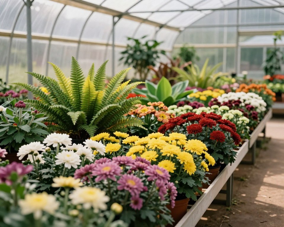 A vibrant and lush scene of a greenhouse filled with a variety of ornamental plants suitable for a foil tunnel. In the foreground, display colorful chrysanthemums in full bloom, showcasing their diverse shapes and hues. In the middle ground, include other decorative plants like vibrant ferns and hardy leafy greens, arranged meticulously to convey a sense of harmony. The background should depict the transparent plastic structure of the tunnel, allowing soft, natural light to filter through, casting gentle shadows on the ground. Use a warm, inviting color palette to create a cozy atmosphere, emphasizing the growth and vitality of the plants. The focus should be slightly soft for a dreamy effect, capturing the essence of a nurturing environment. A vibrant and lush scene of a greenhouse filled with a variety of ornamental plants suitable for a foil tunnel. In the foreground, display colorful chrysanthemums in full bloom, showcasing their diverse shapes and hues. In the middle ground, include other decorative plants like vibrant ferns and hardy leafy greens, arranged meticulously to convey a sense of harmony. The background should depict the transparent plastic structure of the tunnel, allowing soft, natural light to filter through, casting gentle shadows on the ground. Use a warm, inviting color palette to create a cozy atmosphere, emphasizing the growth and vitality of the plants. The focus should be slightly soft for a dreamy effect, capturing the essence of a nurturing environment.