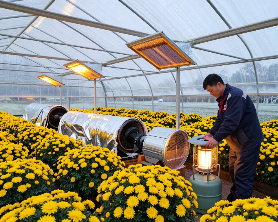 A vibrant greenhouse filled with lush chrysantheme flowers, illustrating various heating methods for a film tunnel. In the foreground, a technician in professional attire adjusts a propane heater, with warm light glowing from it. In the middle, a series of innovative heating solutions are displayed, including a sun tube and thermal blankets draped over the structure. The background features transparent plastic sheeting of the greenhouse, gently shimmering in bright daylight, with hints of a cool, frosty landscape outside. The atmosphere conveys a sense of warmth and protection, emphasizing sustainability and innovation in agriculture. Capture from a slightly low angle to highlight the height of the greenhouse and the warmth inside contrasting with the chilly exterior. A vibrant greenhouse filled with lush chrysantheme flowers, illustrating various heating methods for a film tunnel. In the foreground, a technician in professional attire adjusts a propane heater, with warm light glowing from it. In the middle, a series of innovative heating solutions are displayed, including a sun tube and thermal blankets draped over the structure. The background features transparent plastic sheeting of the greenhouse, gently shimmering in bright daylight, with hints of a cool, frosty landscape outside. The atmosphere conveys a sense of warmth and protection, emphasizing sustainability and innovation in agriculture. Capture from a slightly low angle to highlight the height of the greenhouse and the warmth inside contrasting with the chilly exterior.
