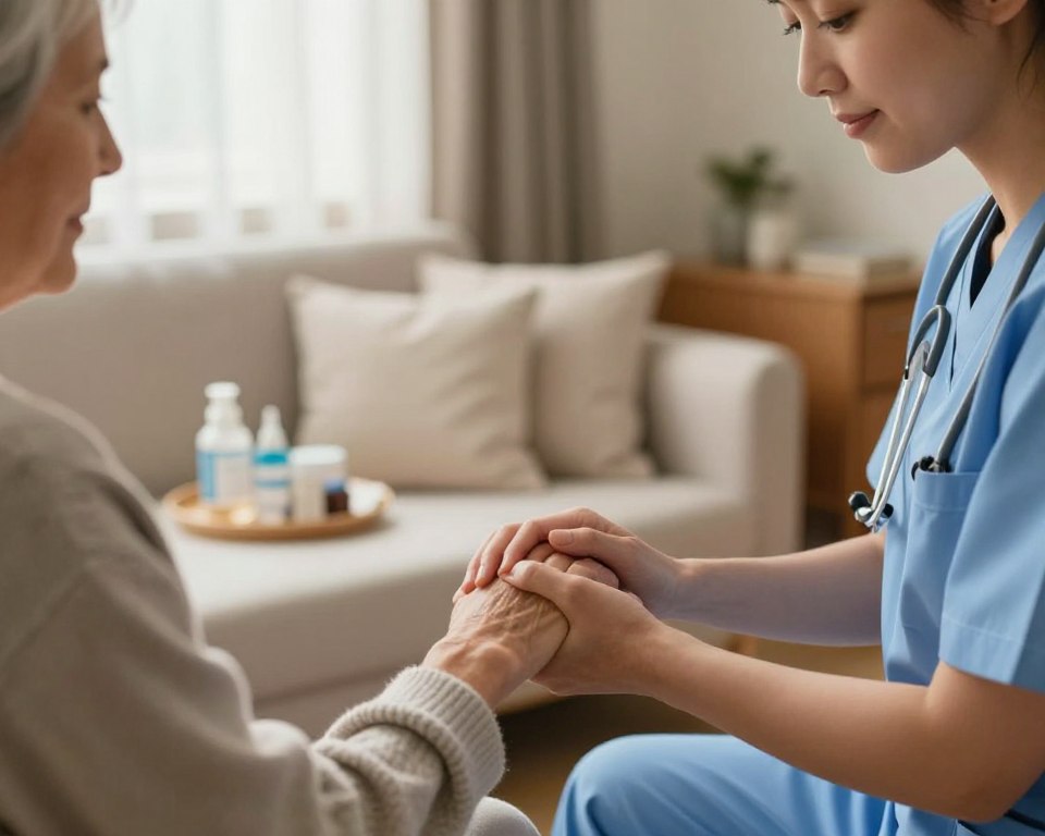 An intimate hospice care scene in a serene, softly lit room. In the foreground, a compassionate healthcare worker in professional attire gently holds the hand of an elderly patient, who appears peaceful and supported. The middle ground features a cozy arrangement of medical supplies and comforting items, like pillows and a personal blanket, creating a subtle sense of home. In the background, warm light filters through soft curtains, casting a calming glow on the surroundings. The atmosphere is one of empathy and tranquility, reflecting the critical support provided in palliative care. Emphasize a portrait orientation to capture the emotional connection and nurturing environment. The overall mood is gentle and hopeful, conveying the dignity of care during challenging times.